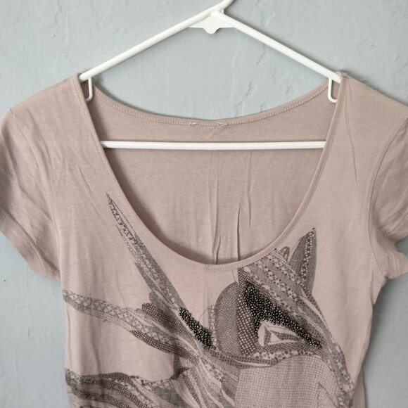 MNG Mango Y2K Pink Beaded T-shirt w/ Bird Print Women's Size S Scoop Neck - Picture 3 of 13